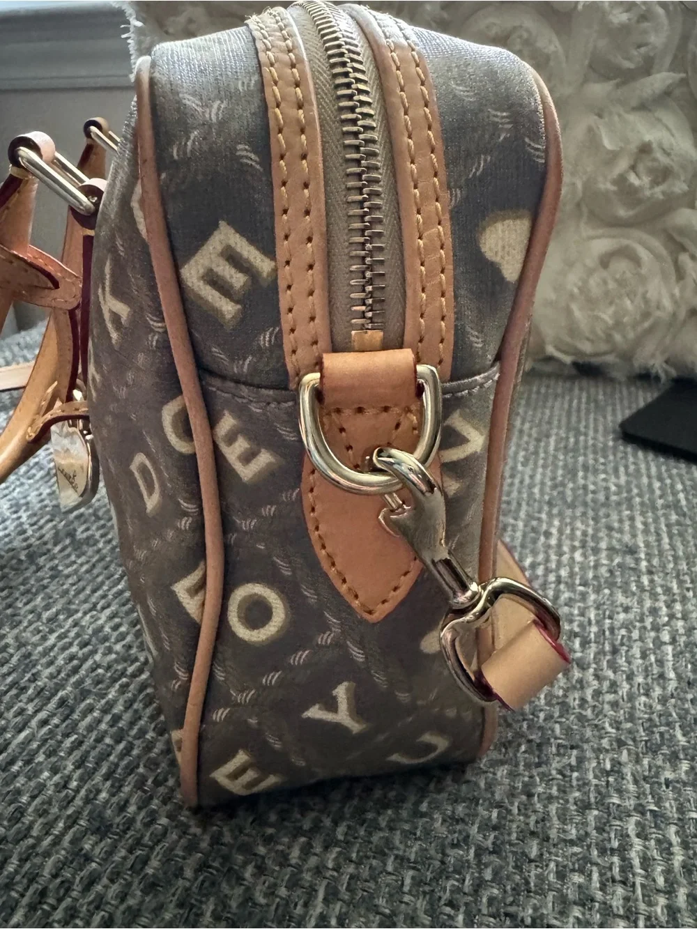 New -Dooney & Bourke Samuela Small Suitcase Satchel Crossbody Brown Monogram EUC